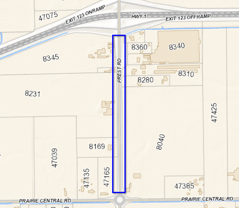 Map showing Prest Road between Highway 1 and Prairie Central in blue.